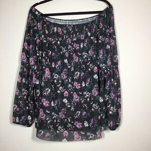 On off shoulder roses print long raunched sleeve blouse peasant milkmaid boho XL